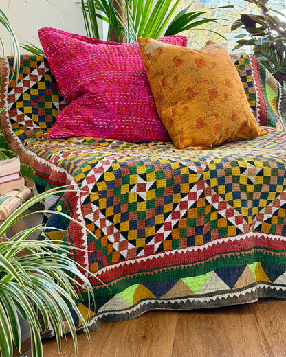 Vintage Embroidered Patchwork Ralli Quilt in Shades of Green