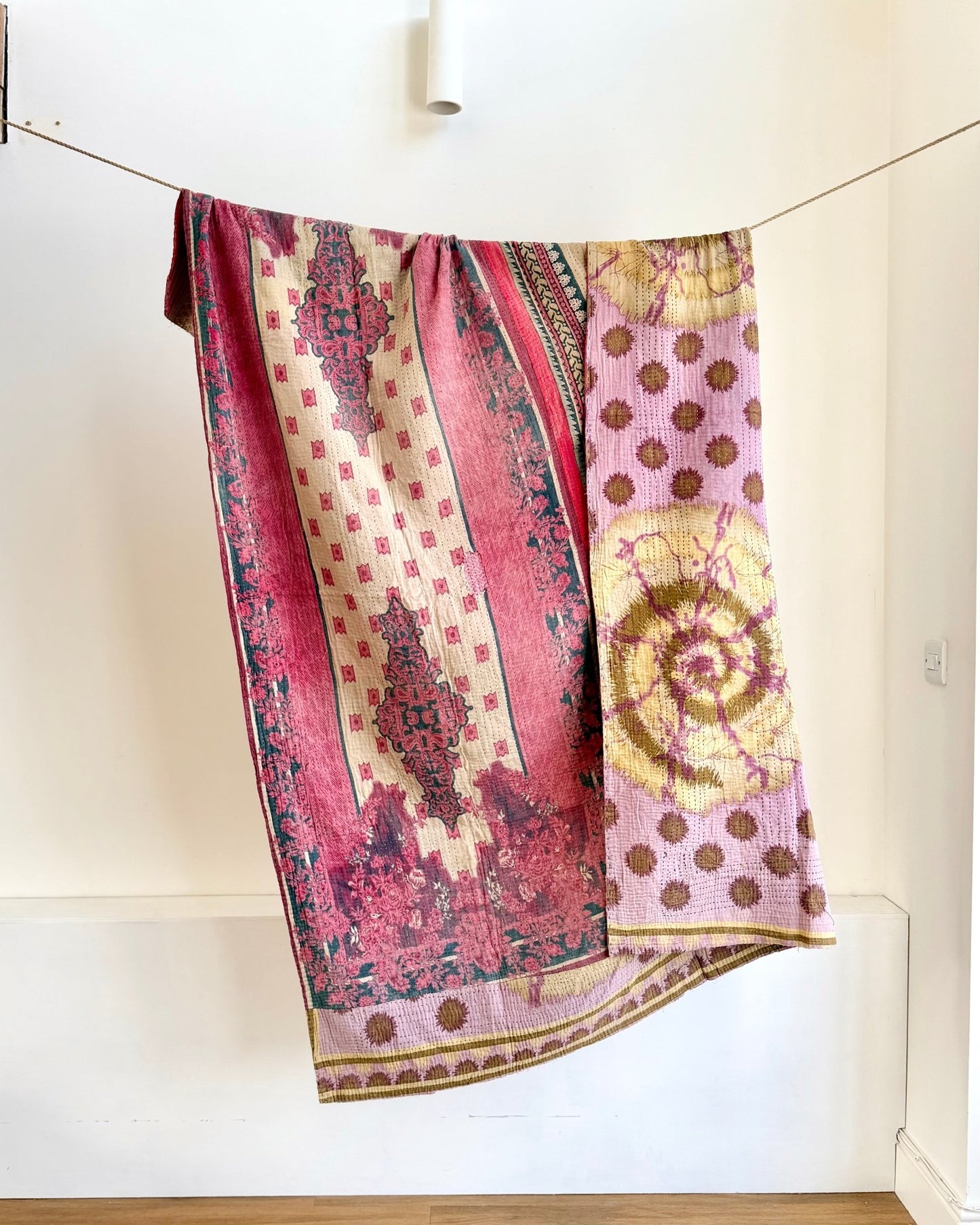 Fine Stitched Vintage Kantha Quilt in Super Soft Pink and Purple - Biggs & Hill