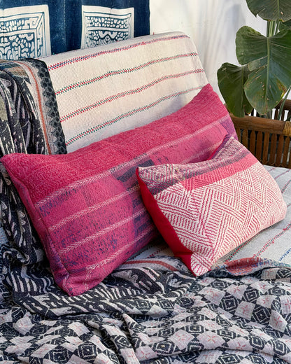 Vintage Kantha Bolster Cushion Cover In Pink With Embroidered Stripes - 100cm