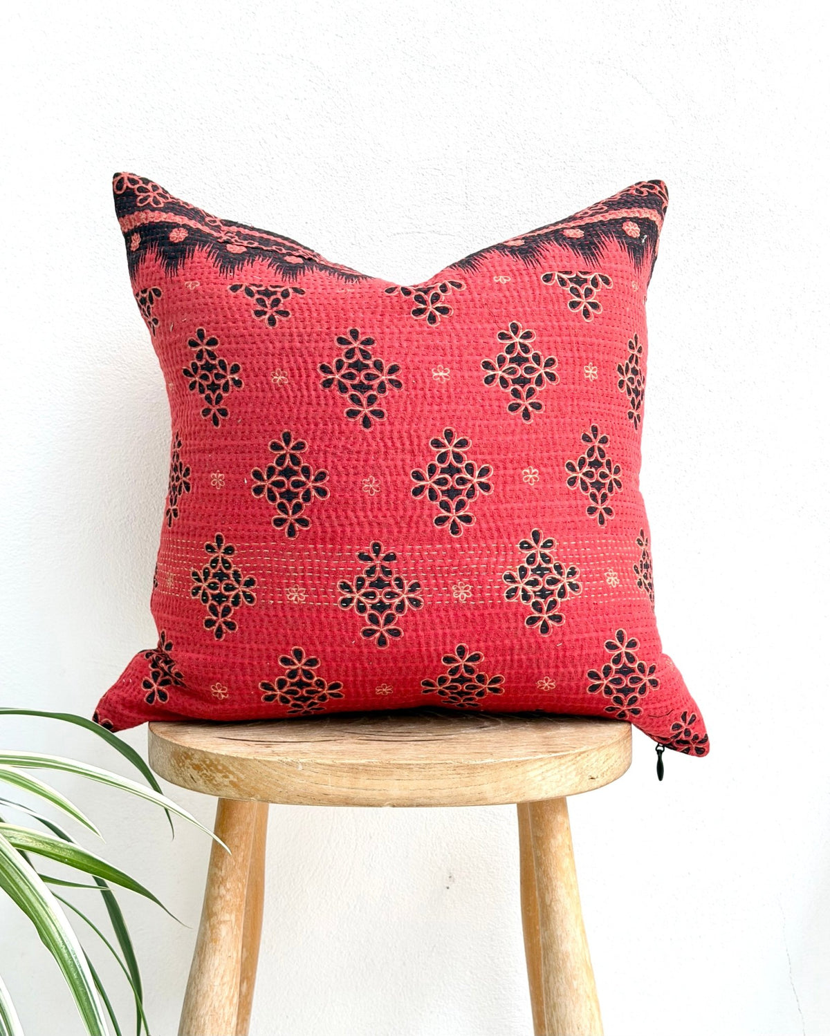 Handmade Reversible Vintage Kantha Cushion Cover In Red and Black - 45cm (18") - Biggs & Hill