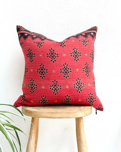 Handmade Reversible Vintage Kantha Cushion Cover In Red and Black - 45cm (18") - Biggs & Hill