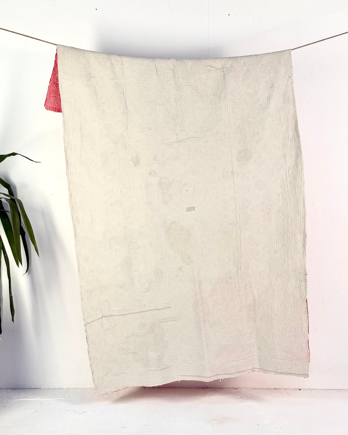 Embroidered Sujini Vintage Kantha Quilt In Faded Pink With Lotus Flower
