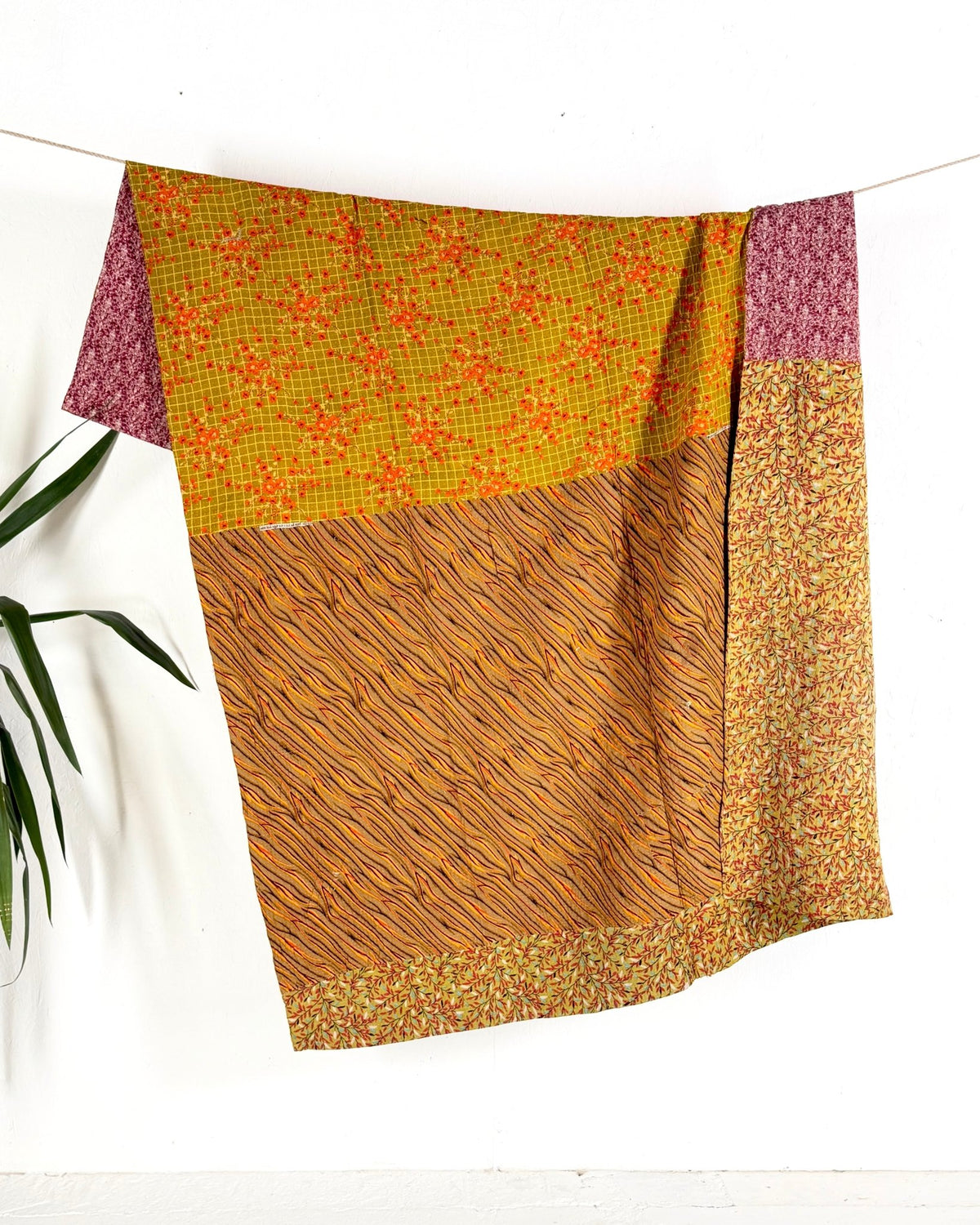 Fine Stitched Vintage Kantha Quilt in Pink, Yellow and Mustard - Biggs & Hill
