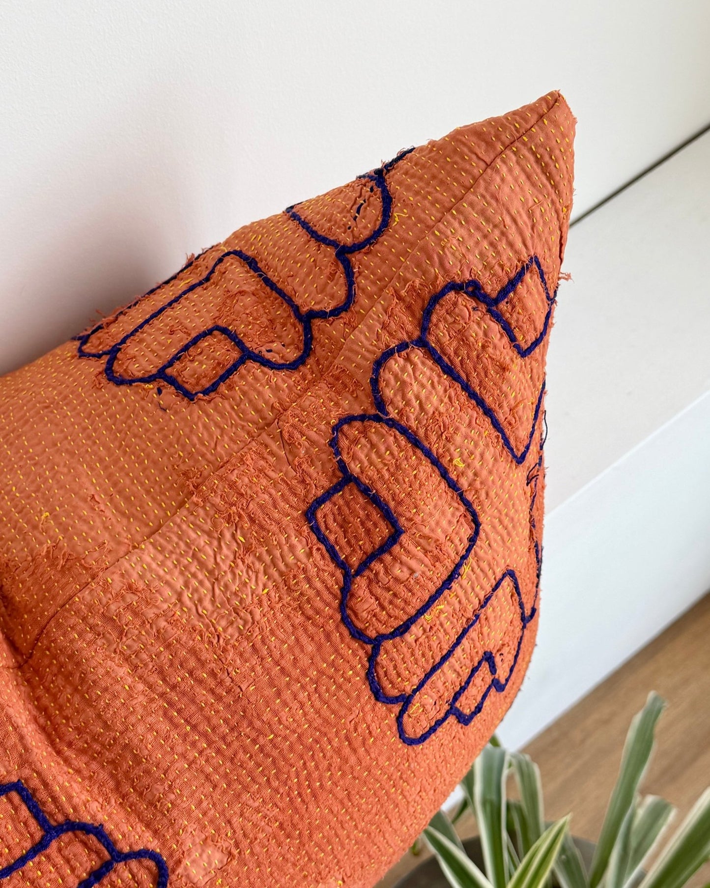 Vintage Kantha Cushion In Terracotta 03 - Large Rectangular - Biggs & Hill