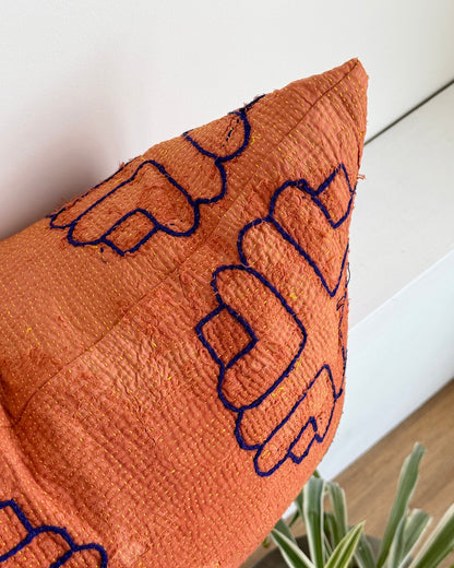 Vintage Kantha Cushion In Terracotta 03 - Large Rectangular - Biggs & Hill