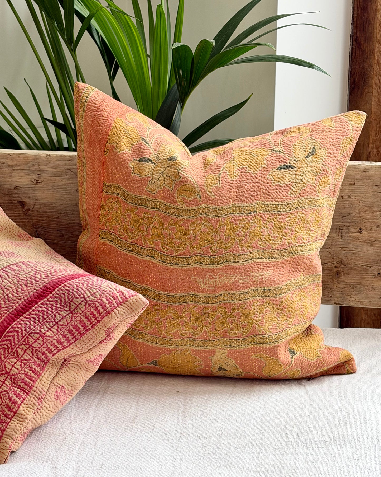 Vintage Kantha Cushion With Yellow Flowers - 45cm Square