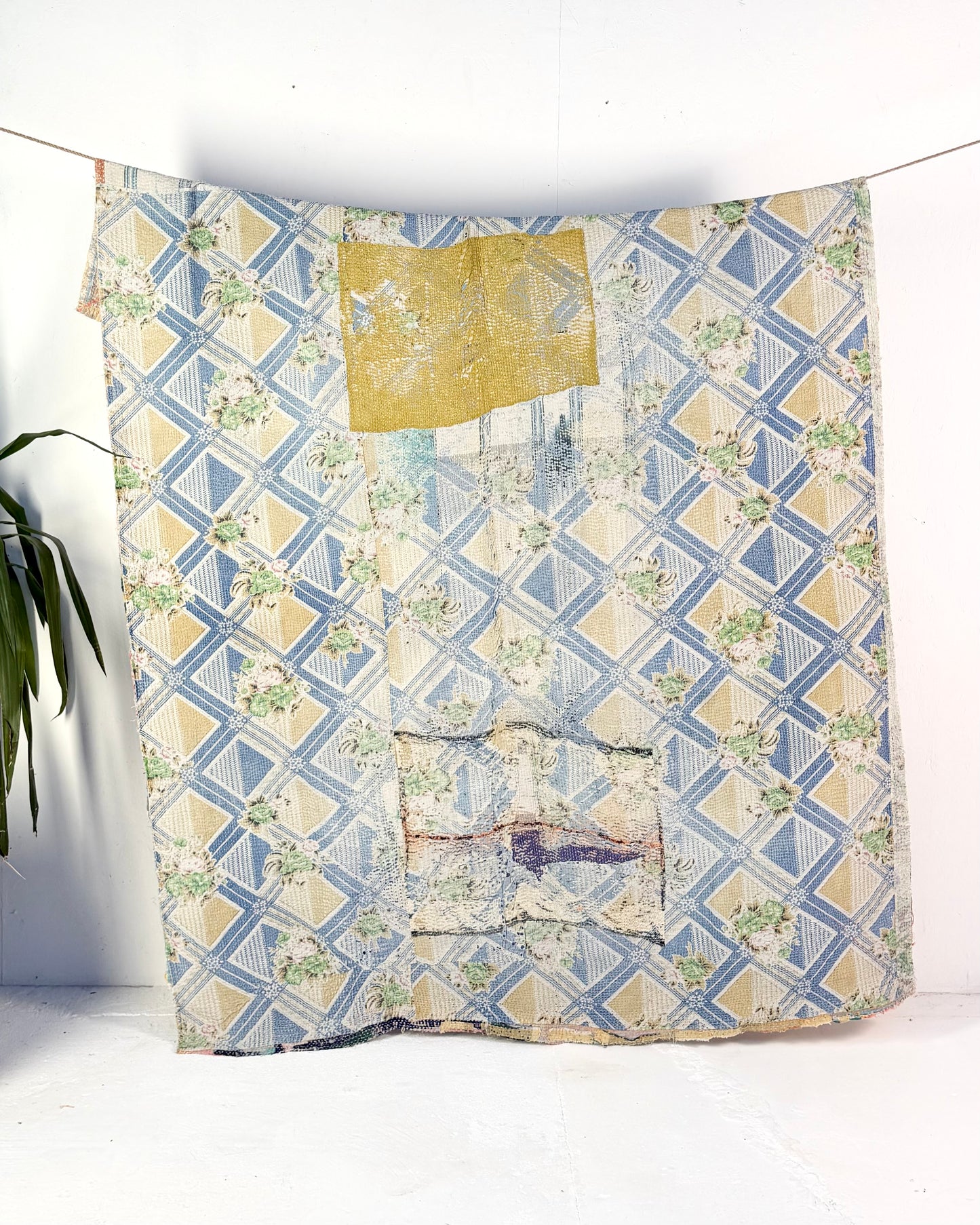 Large Textured Vintage Kantha Quilt in Pastel Pink and Blue