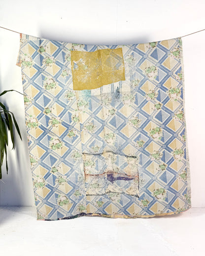 Large Textured Vintage Kantha Quilt in Pastel Pink and Blue