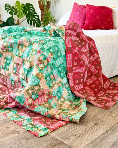 Heavy Vintage Galicha Kantha Quilt In Pink and Green