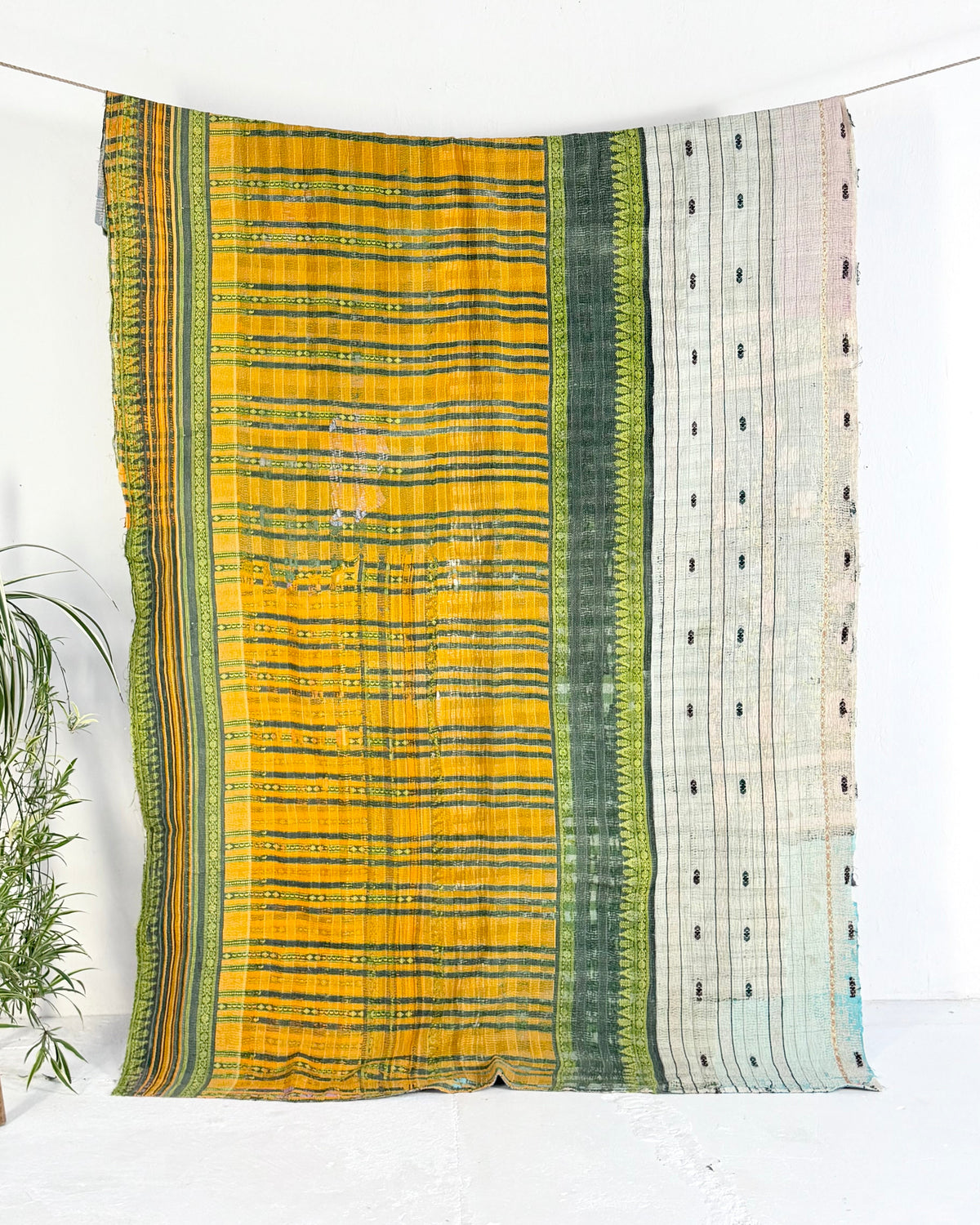 Textured Vintage Kantha Quilt In Orange, Green and White