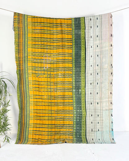 Textured Vintage Kantha Quilt In Orange, Green and White
