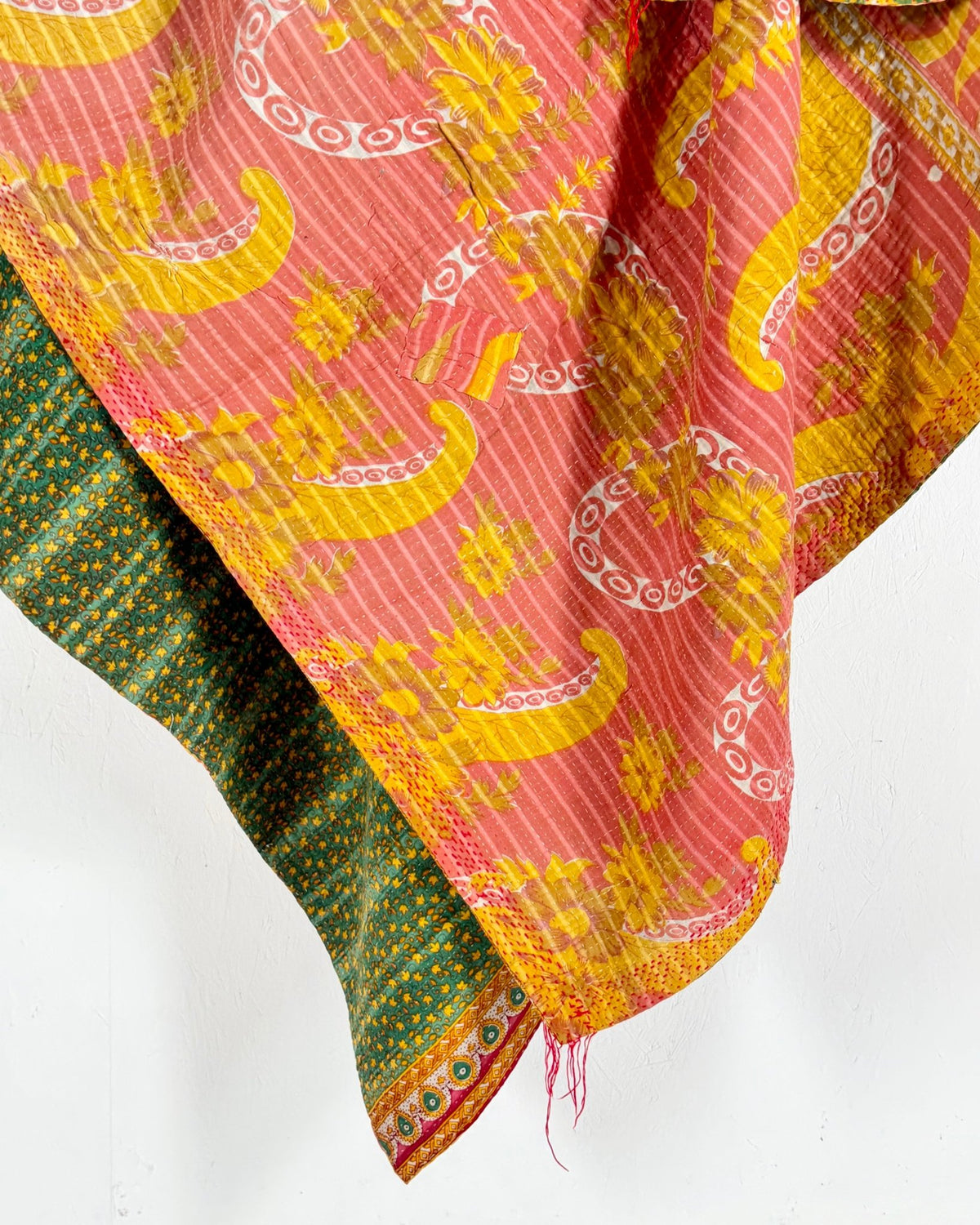 Extra Large Fine Stitched Vintage Kantha Quilt in Pink, Yellow and Green - Biggs & Hill