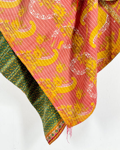 Extra Large Fine Stitched Vintage Kantha Quilt in Pink, Yellow and Green - Biggs & Hill