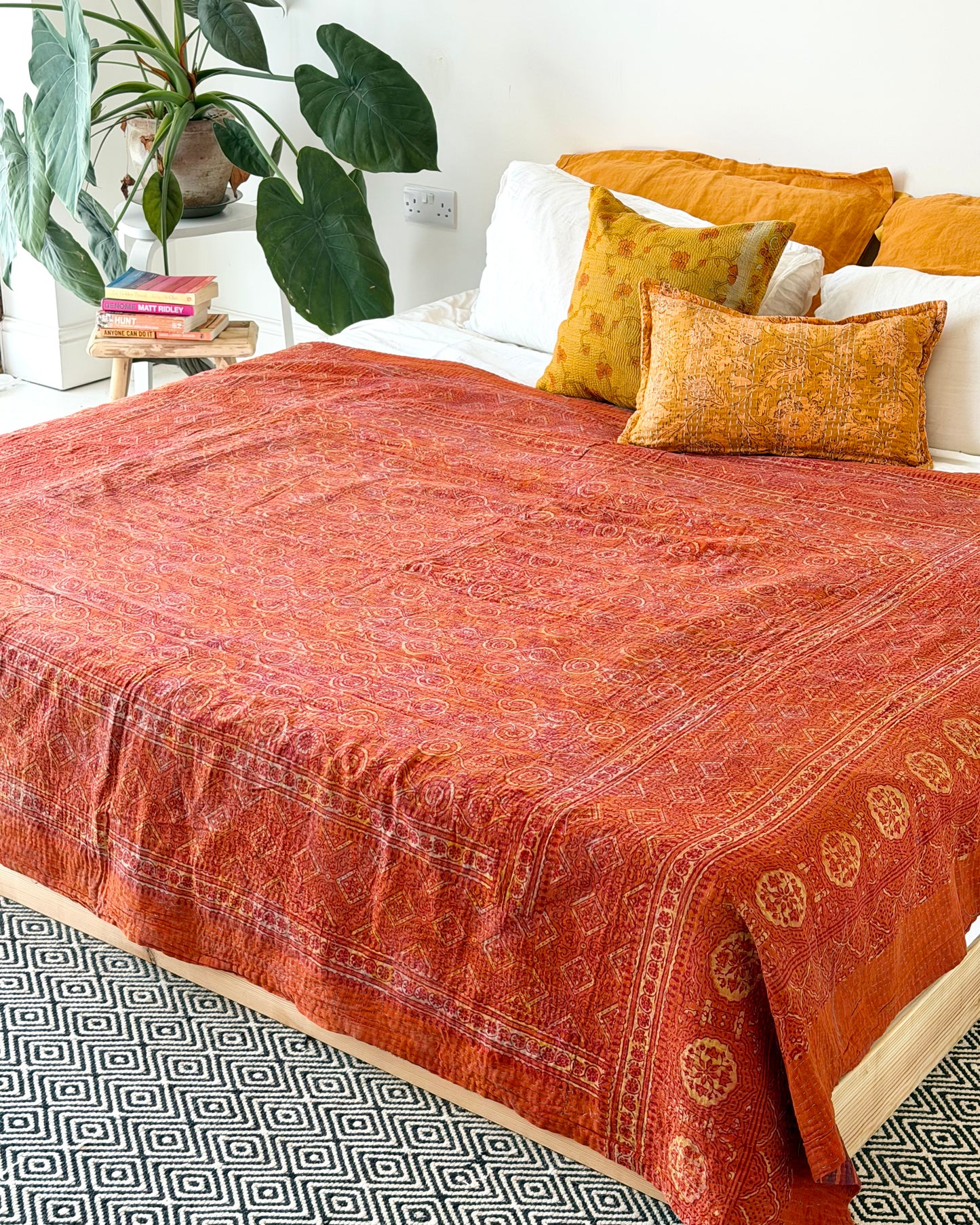 Extra Large Ajrakh Printed Vintage Kantha Quilt In Deep Red