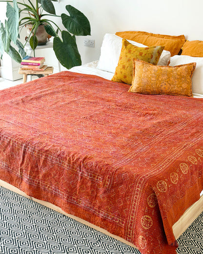 Extra Large Ajrakh Printed Vintage Kantha Quilt In Deep Red