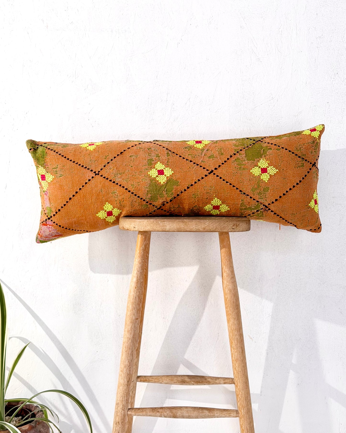 Vintage Kantha Bolster Cushion Cover In Textured Green and Orange 80cm
