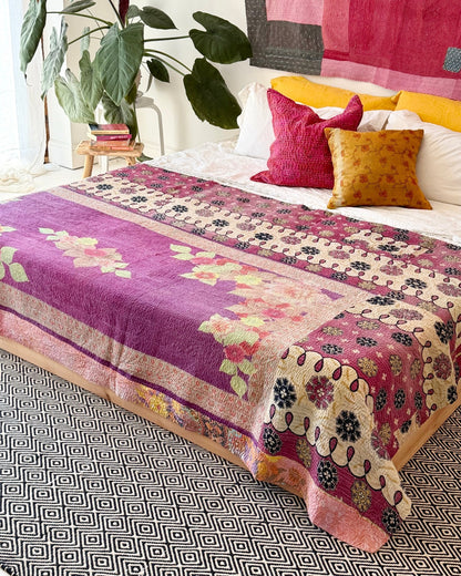 Large Fine Stitched Vintage Kantha Quilt in Pink, Green and Purple Florals - Biggs & Hill