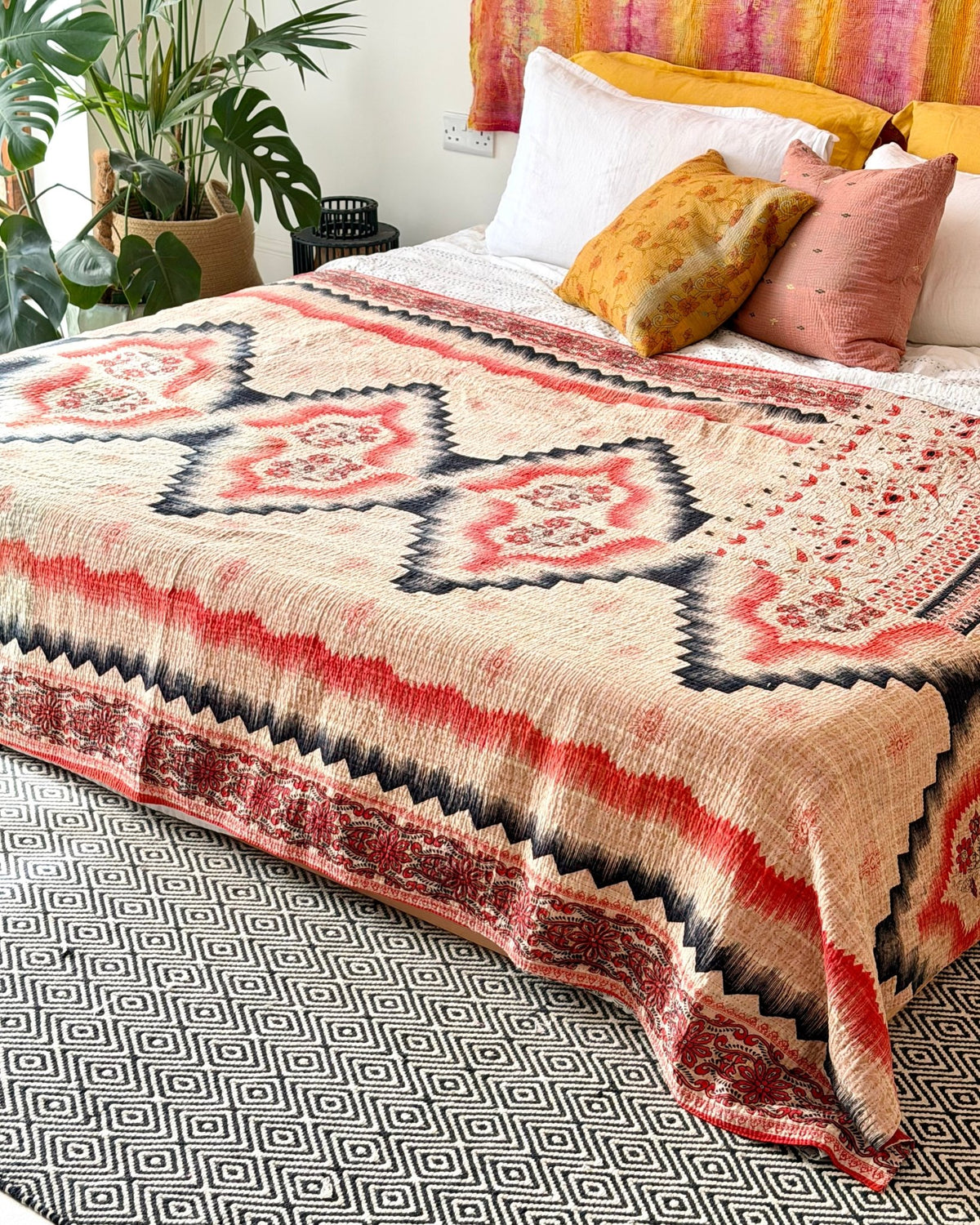 Extra Large Fine Stitched Vintage Kantha Quilt in Geometric Red and Yellow - Biggs & Hill