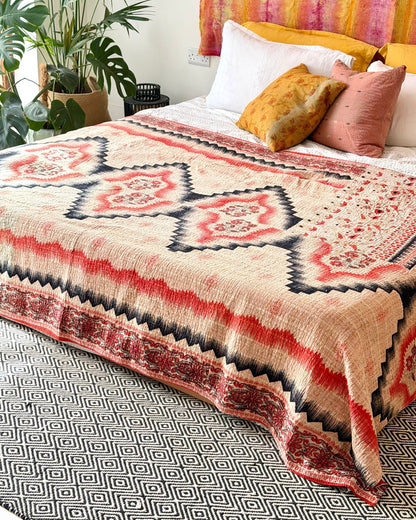 Extra Large Fine Stitched Vintage Kantha Quilt in Geometric Red and Yellow - Biggs & Hill