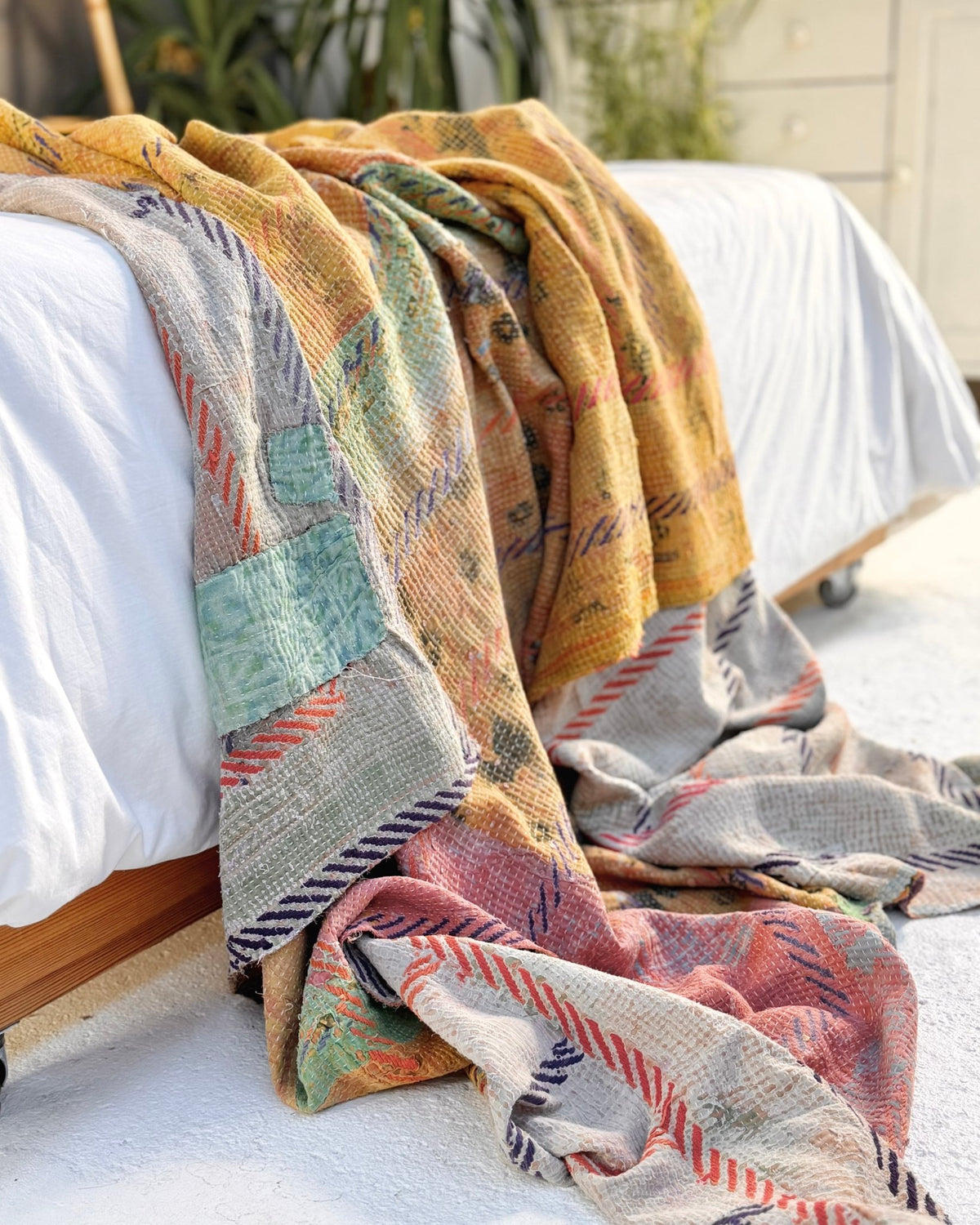 Large Embroidered Vintage Kantha Quilt in Yellow and Light Green - Biggs & Hill