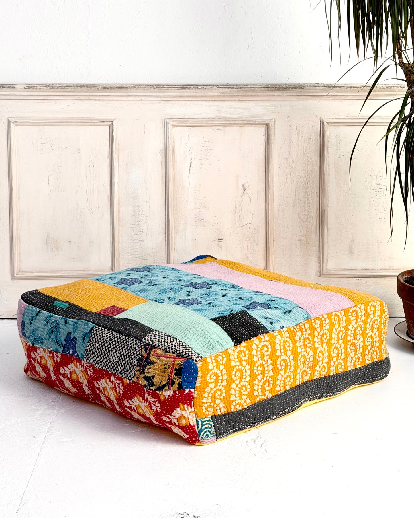 Large Square Kantha Floor Cushion Cover In Blue and Yellow