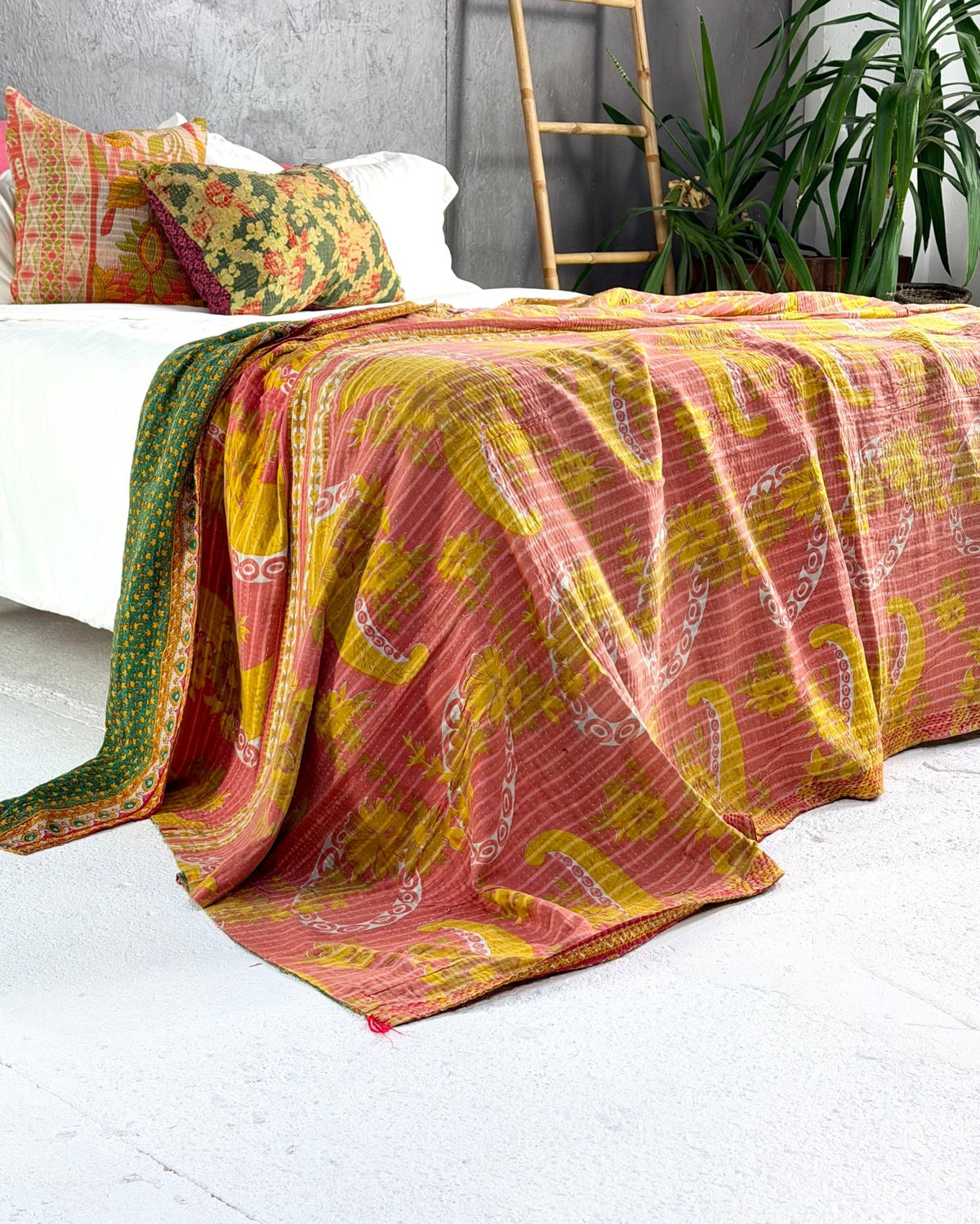 Extra Large Fine Stitched Vintage Kantha Quilt in Pink, Yellow and Green - Biggs & Hill