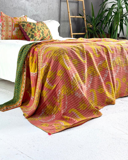 Extra Large Fine Stitched Vintage Kantha Quilt in Pink, Yellow and Green - Biggs & Hill