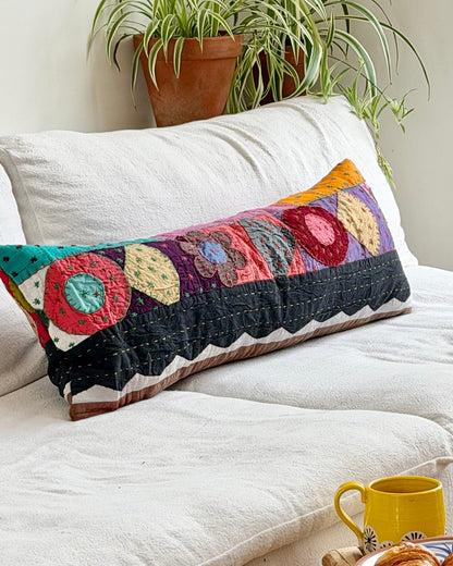 Reversible Patchwork Hand Stitched Bolster Cushion 01 - 80cm - Biggs & Hill