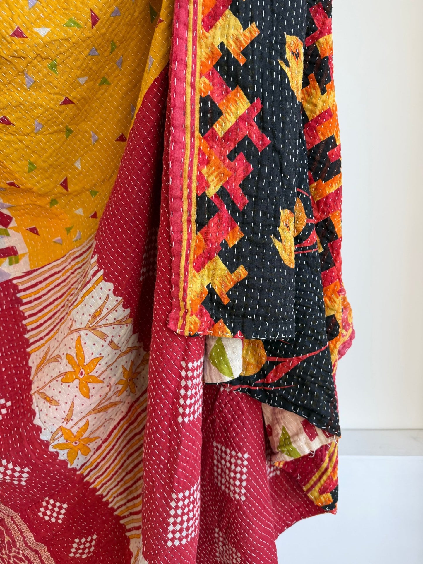 Super King Vintage Kantha Quilt in Orange, Black and Yellow - Biggs & Hill