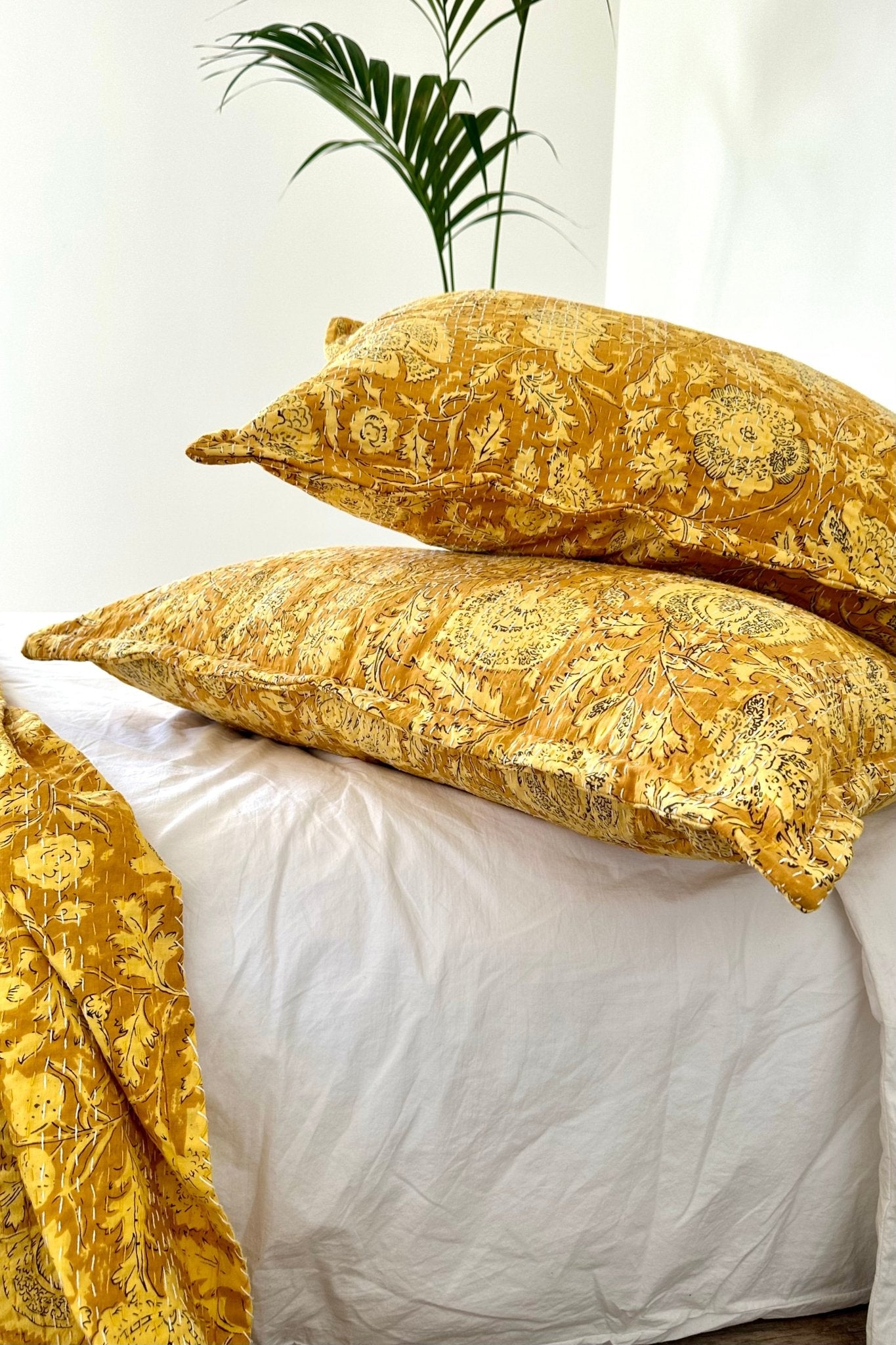 Sunshine Yellow Floral Kantha Handmade Pillowcase - Biggs & Hill