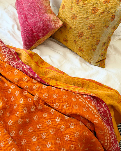 Extra Large Fine Stitched Vintage Kantha Quilt in Yellow and Orange