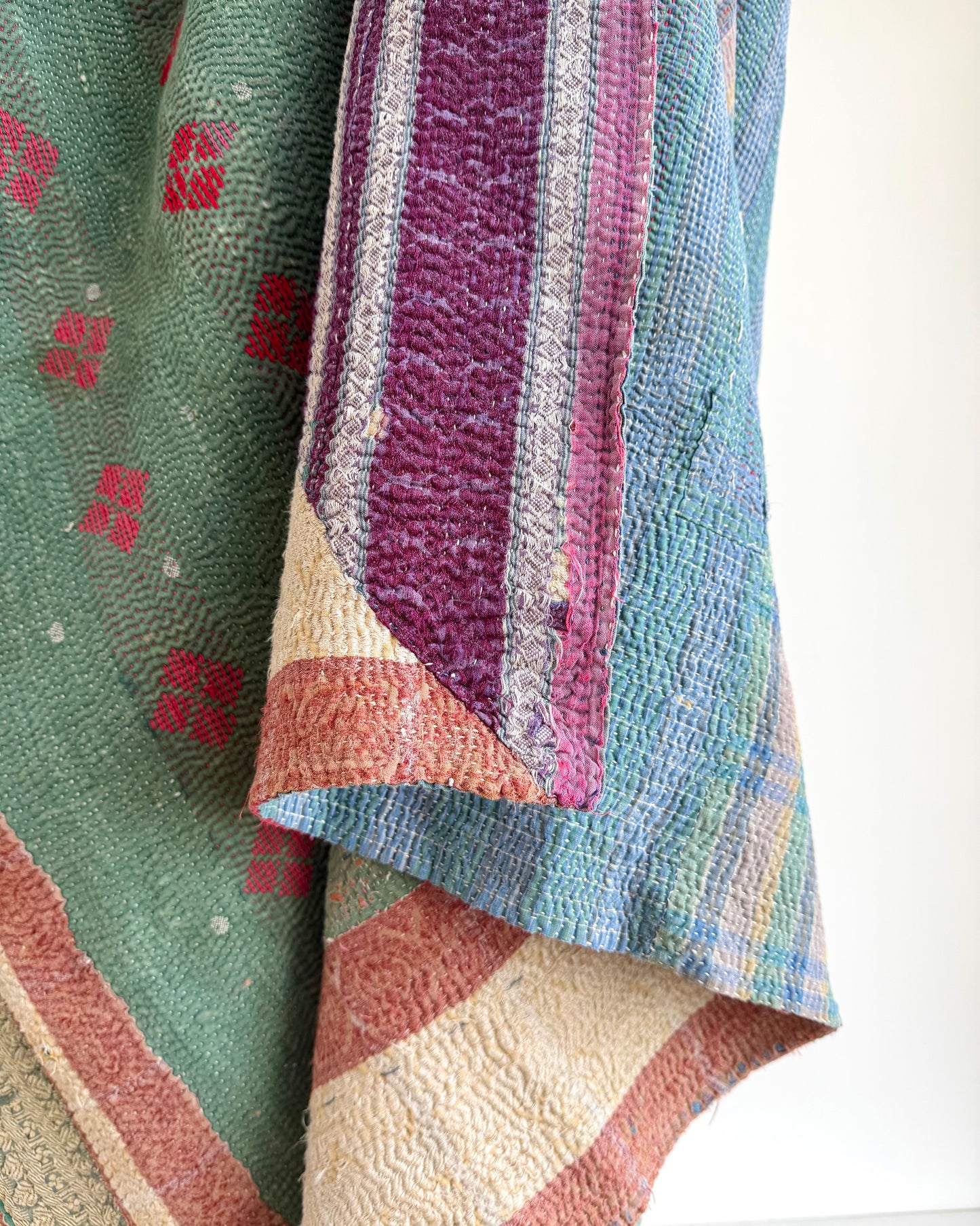 Fine Stitched Thick Vintage Kantha Quilt in Green With Red Embroidery
