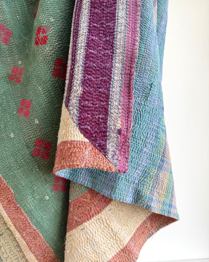 Fine Stitched Thick Vintage Kantha Quilt in Green With Red Embroidery