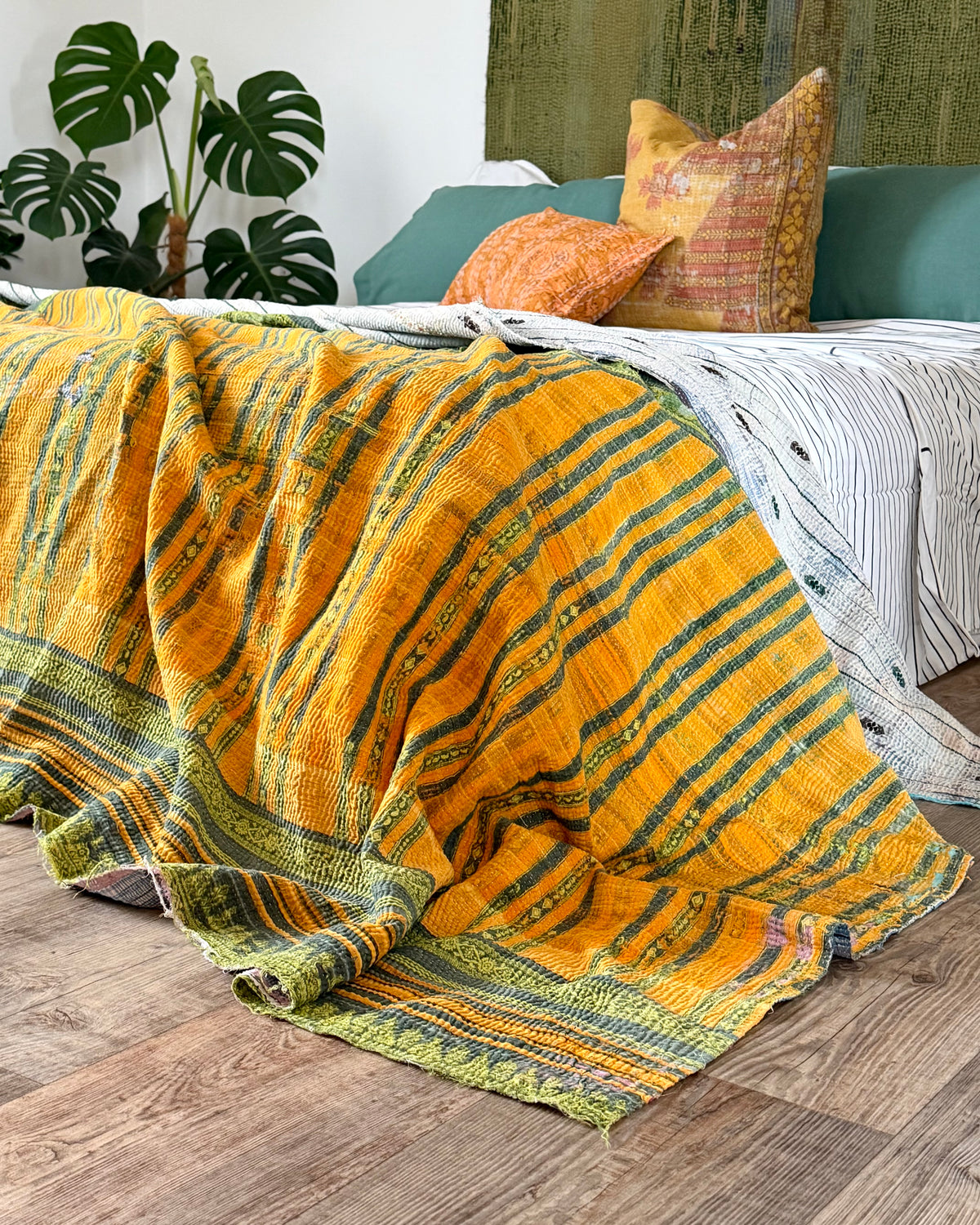 Textured Vintage Kantha Quilt In Orange, Green and White
