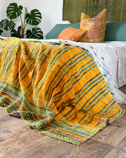 Textured Vintage Kantha Quilt In Orange, Green and White