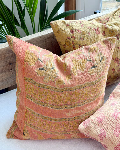 Vintage Kantha Cushion With Yellow Flowers - 45cm Square