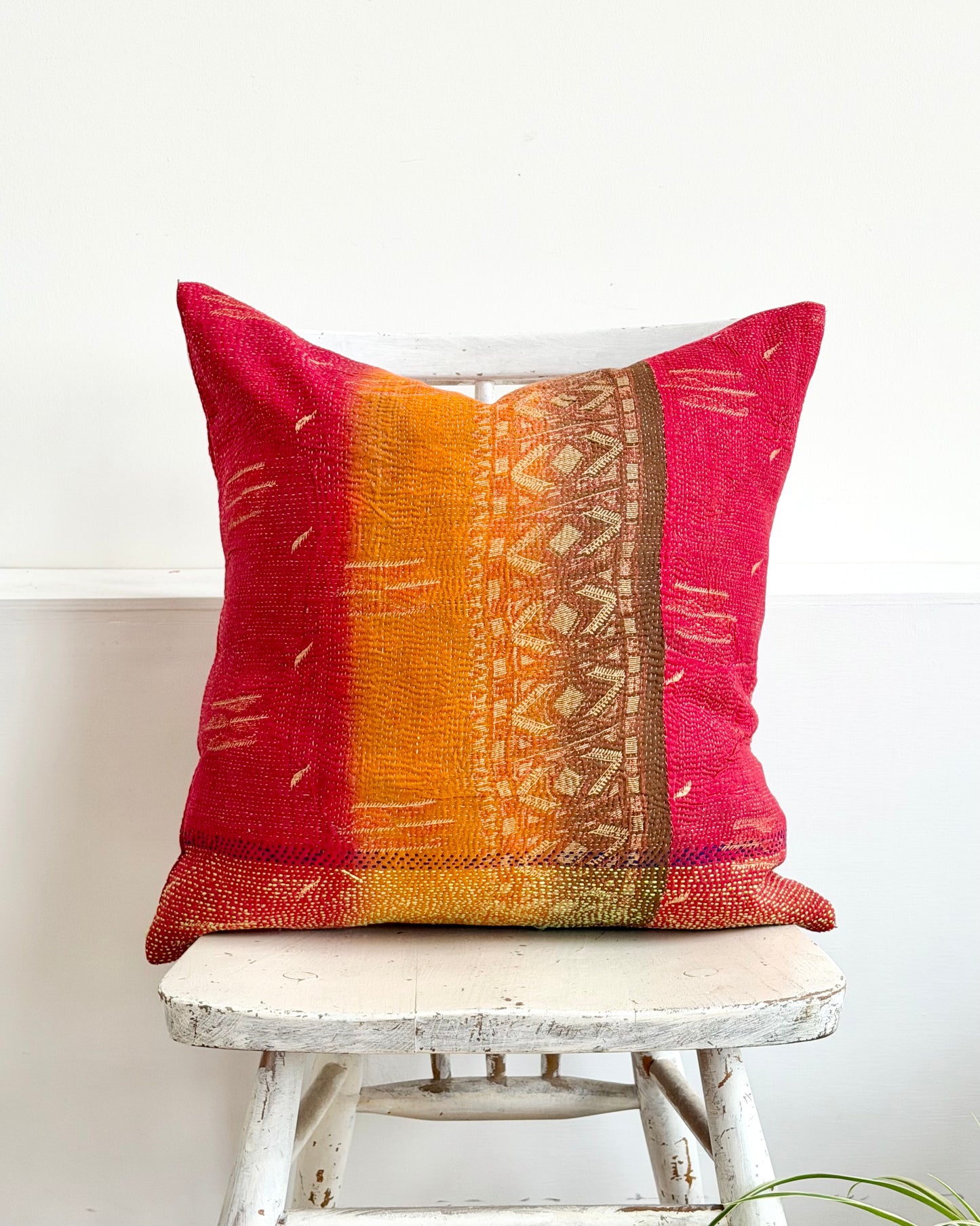 Vintage Kantha Cushion In Sunset Red and Orange - 45cm Square