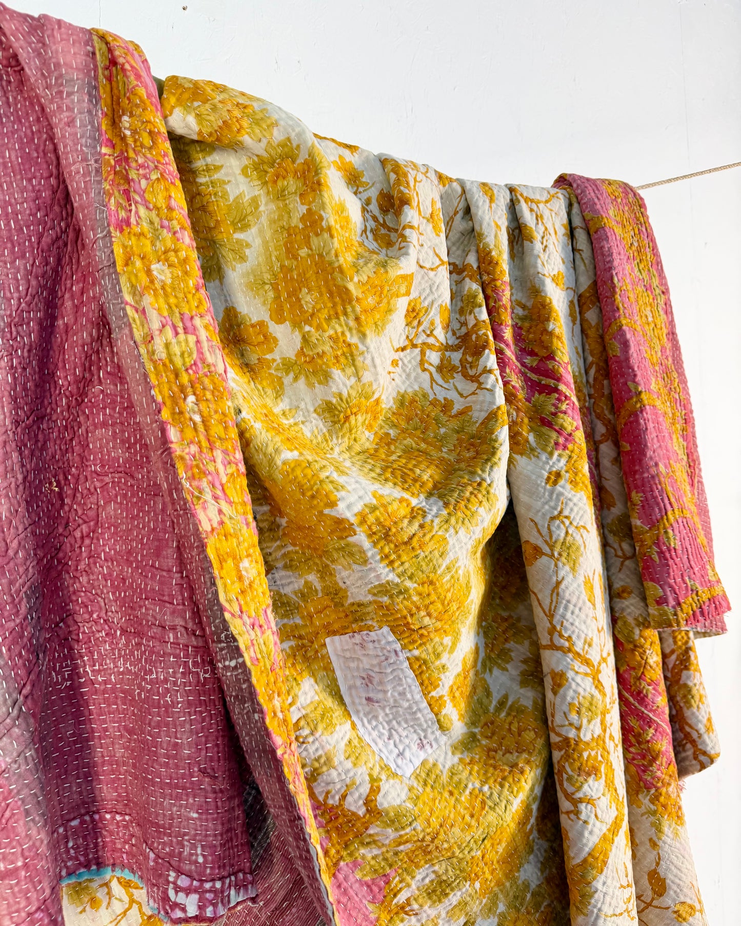 Extra Large Large Fine Stitched Vintage Kantha Quilt in Pink and Yellow