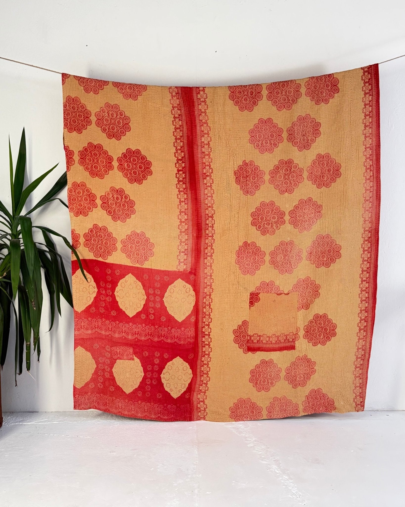 Large Fine Stitched Vintage Kantha Quilt in Pink and Peachy Orange - Biggs & Hill
