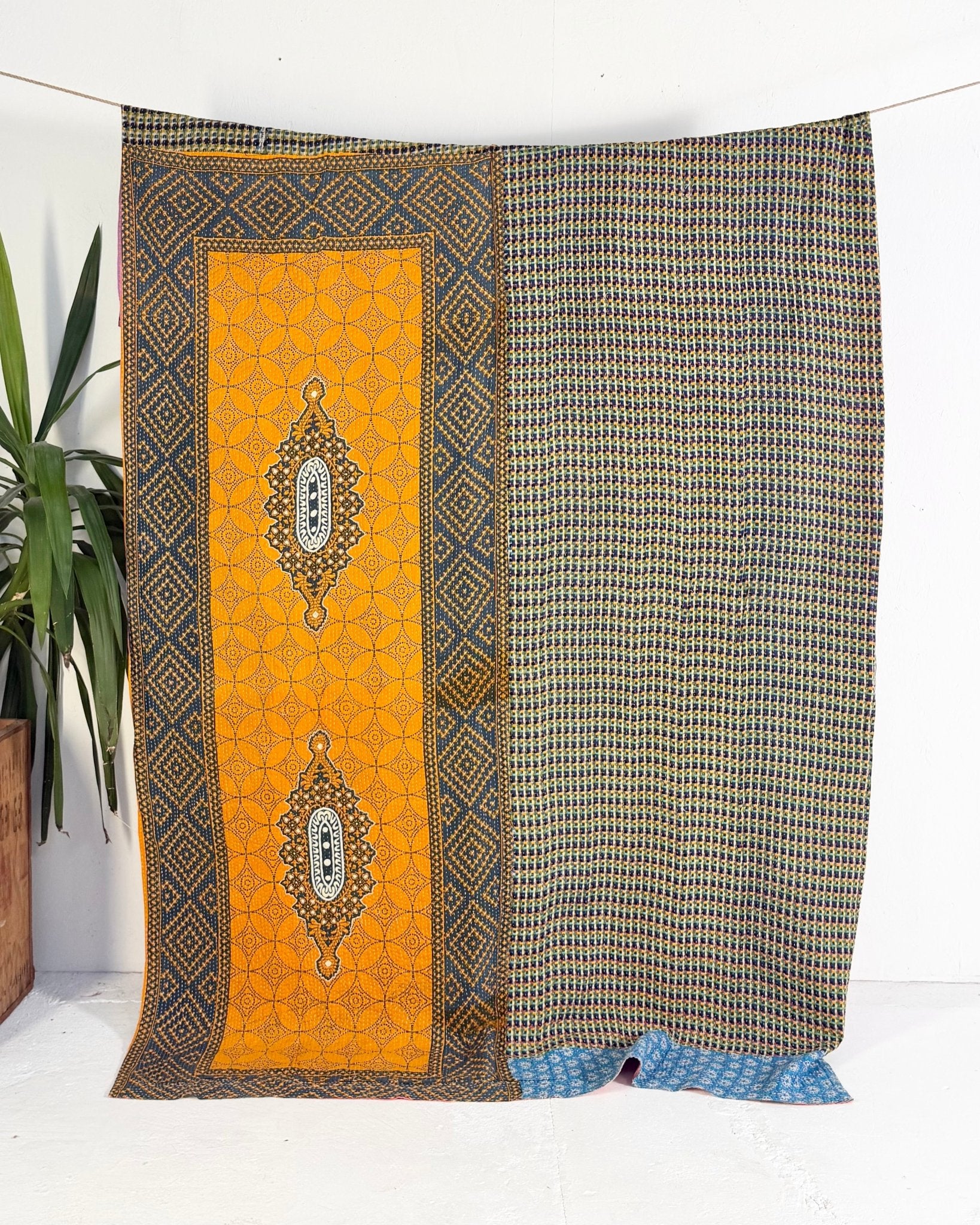 Extra Large Fine Stitched Vintage Kantha Quilt in Pink Floral, Yellow and Blue - Biggs & Hill