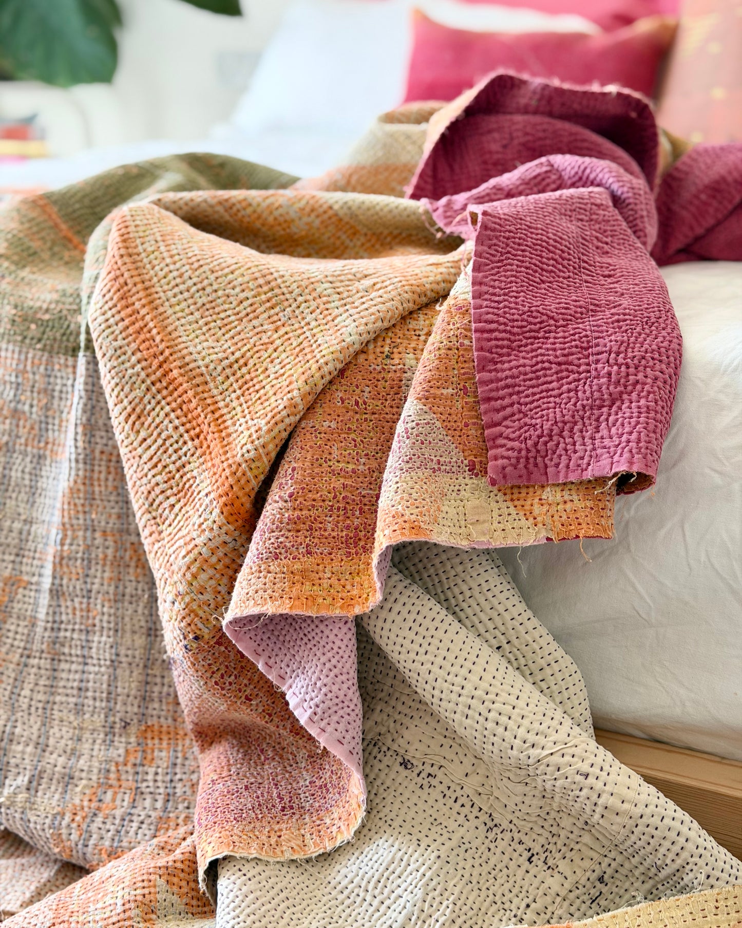 Extra Large Textured Vintage Kantha Quilt in Pink Colour Block and Peachy Pastels