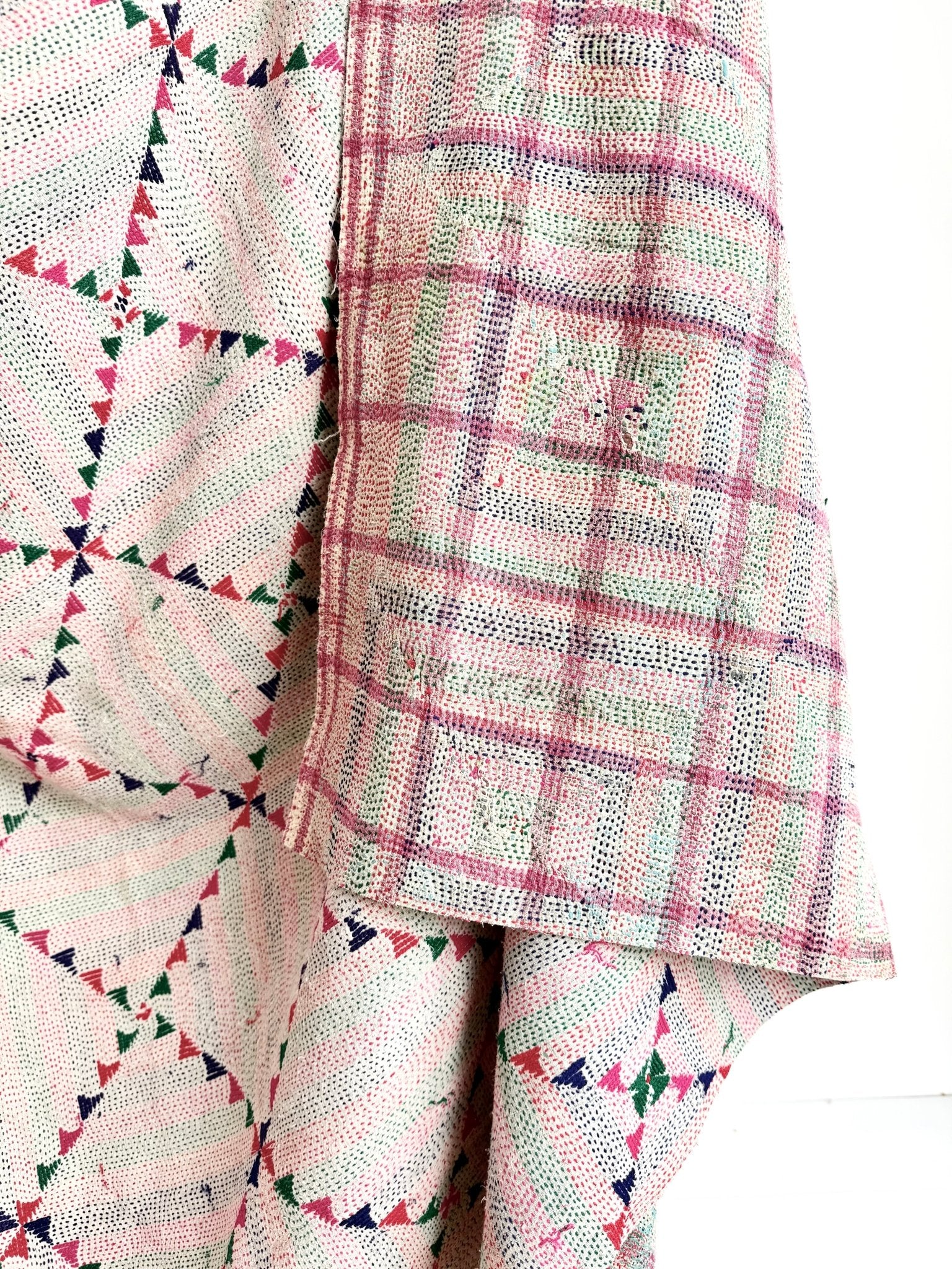 Project Kantha Quilt: Off - white With Geometric Embroidery - Biggs & Hill