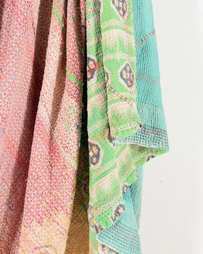 Large Embroidered Vintage Kantha Quilt in Pink, Green and Blue