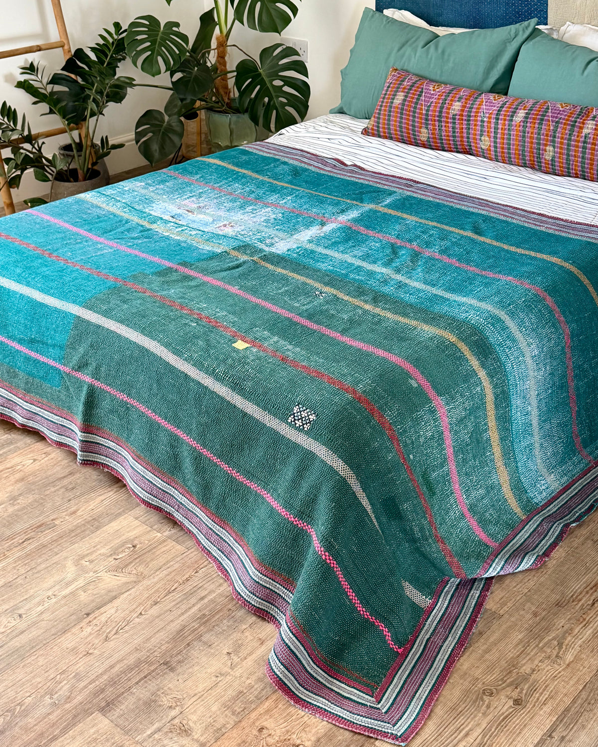 Extra Large Heavy Embroidered Vintage Kantha Quilt in Green and Blue