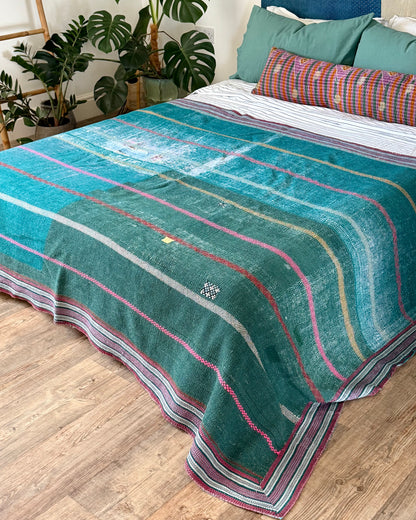 Extra Large Heavy Embroidered Vintage Kantha Quilt in Green and Blue