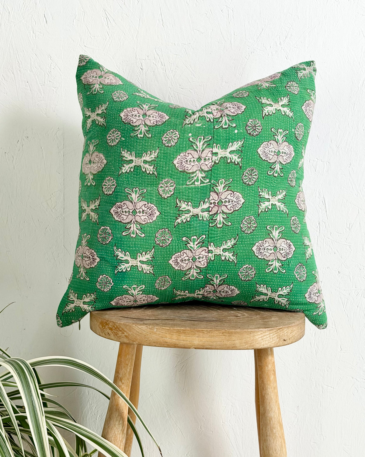 Handmade Vintage Kantha Cushion Cover In Green and Purple - 45cm (18") Square