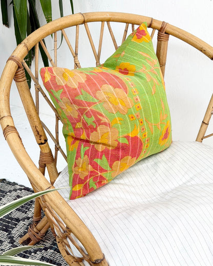 Handmade Reversible Vintage Kantha Cushion Cover In Green and Yellow - 45cm (18") - Biggs & Hill