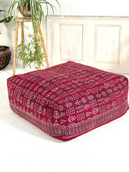 Extra Large Square Pouf Cushion Cover in Dark Red Block Print