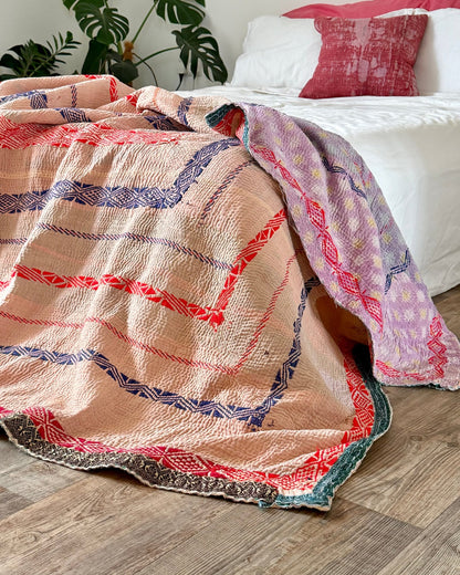 Embroidered Vintage Kantha Quilt in Yellow, Pink and Lilac - Biggs & Hill