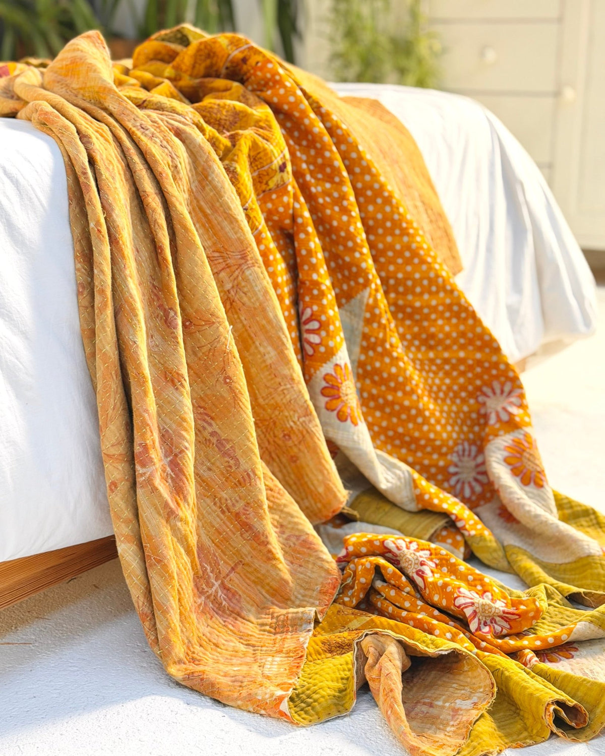 Large Fine Stitched Vintage Kantha Quilt in Yellow and Orange - Biggs & Hill